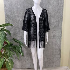 Women’s Black sheer Crochet Lace Fringe Open Front kimono OS A’GACI USA
